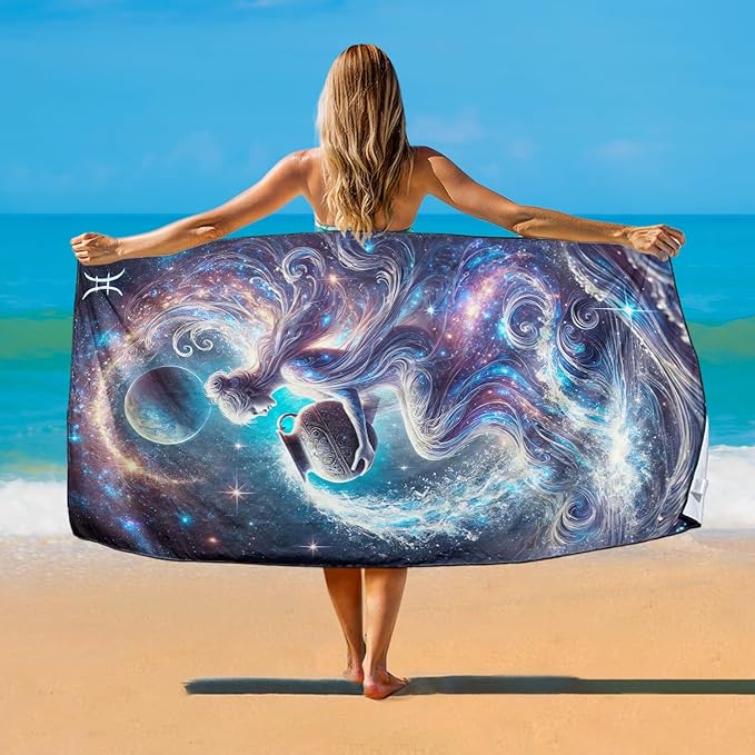 Mikrofaser Strandtuch XXL, Strandhandtuch Leicht Badehandtuch Schnelltrocknend, astrologisches Design – 180 x 90 cm – Sternzeichen Wassermann