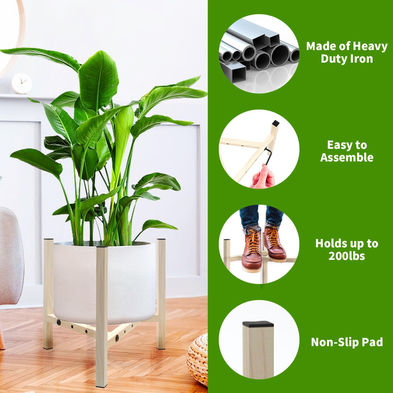 Airpark Adjustable Metal Plant Stand, Stable Plant Pot Flower Holder Indoor Outdoor Corner, Fit 8 9 10 11 12 inch Pots, Wood-Grain (Pot & Plant Not Included) image 2