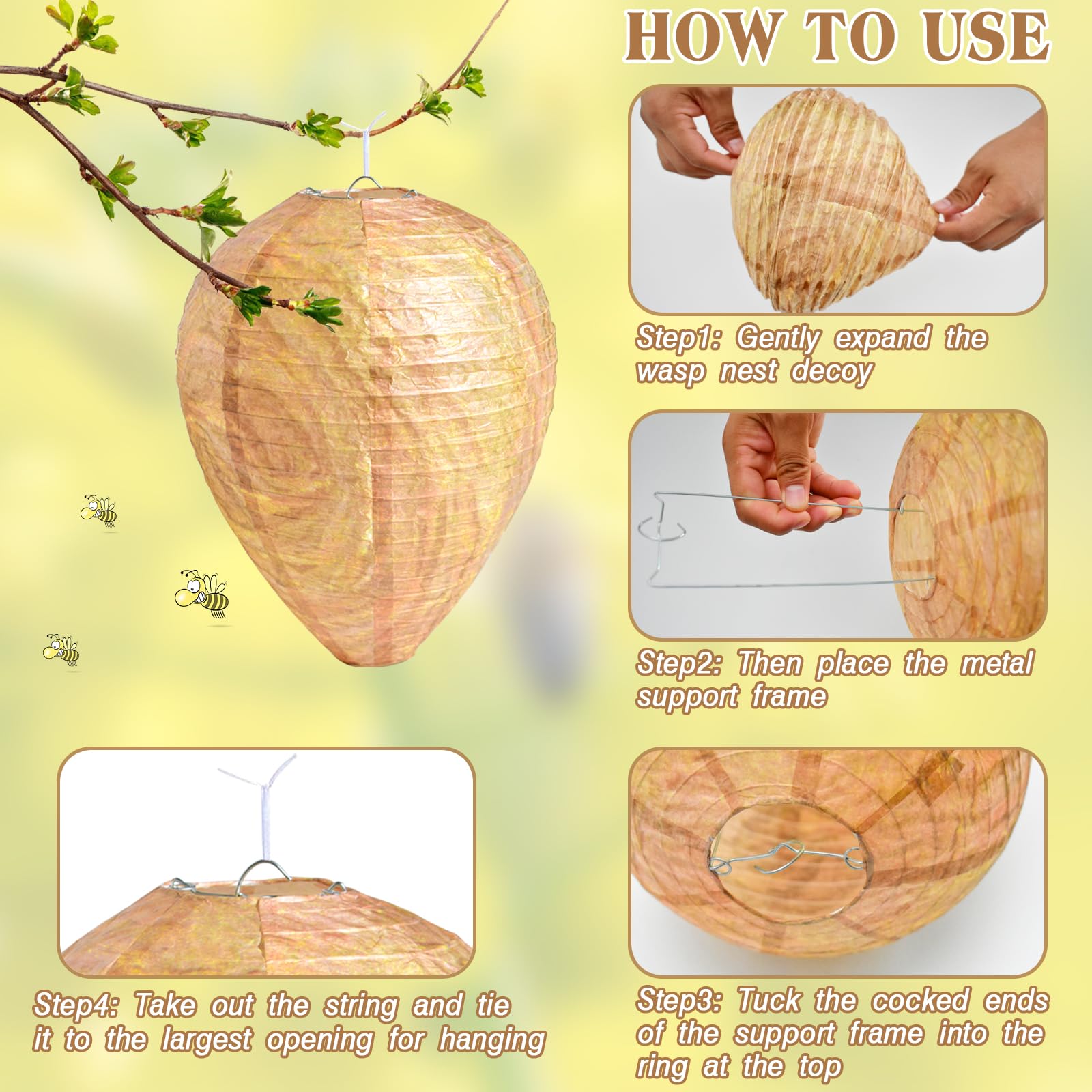 ZeeDix Paquete de 4 señuelos de nido de avispas falsas de papel para colgar, para exteriores, hogar y jardín (8.66 x 11 pulgadas, color cálido)