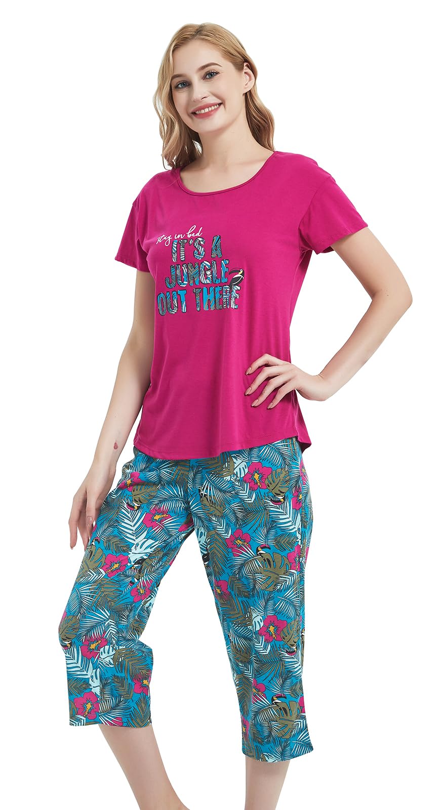 CHUNG Women Cotton Pajama Sets Sleepwear pjs Short Sleeve Shirt Capri Length Crop Pants Cute Vivid Print