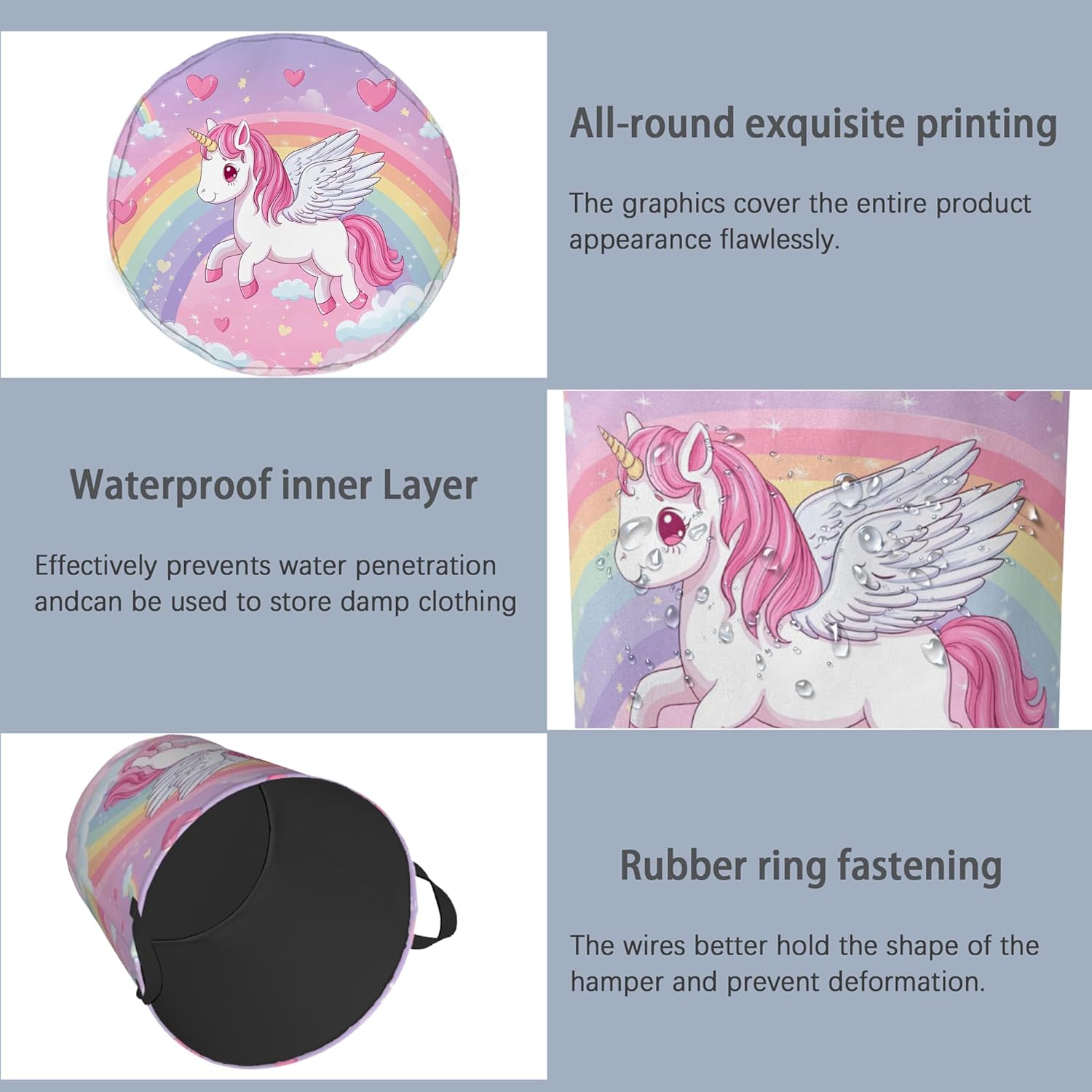 Cute Unicorn Laundry Basket,Rainbow Foldable with Handles Tote Bag Oxford Cloth for Bathroom Bedroom Dirty Clothes Storage Bucket 16" x 20.8"