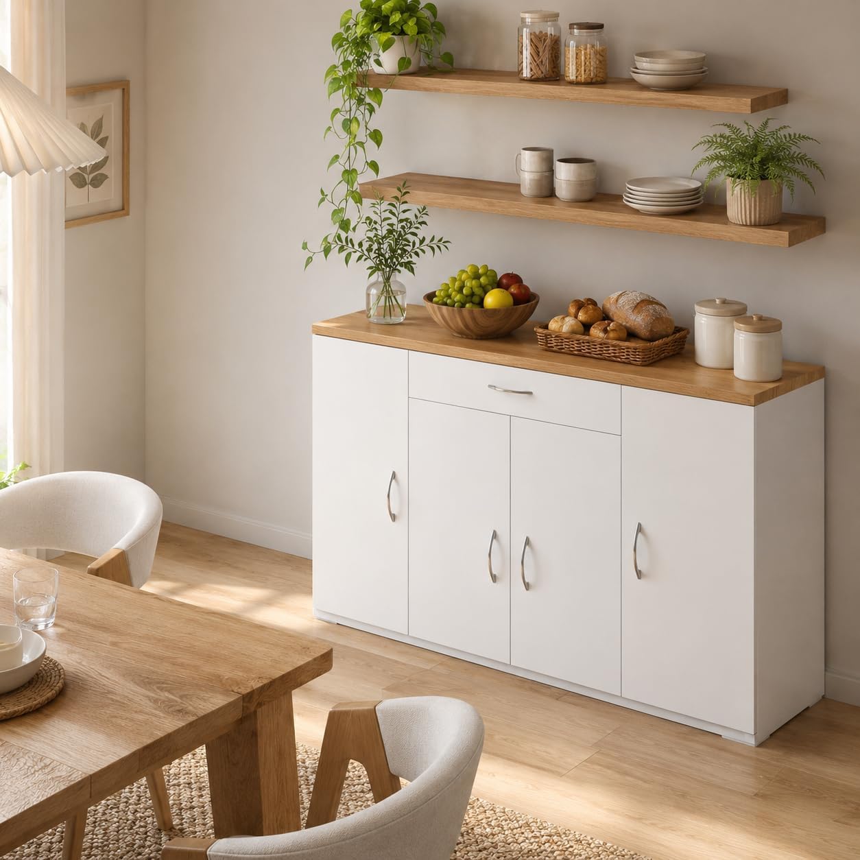 Credenza Sala da Pranzo Bianca con 4 Ante e 1 Cassetto 110×30×70cm | Credenza con 4 ante e 1 cassetto, spazio pratico per organizzare stoviglie, posate e accessori nella sala da pranzo
