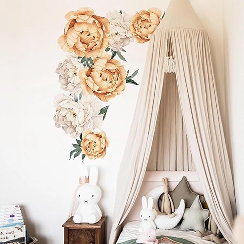 sacinora - Calcomanías de pared grandes con flores de peonías amarillas, delicadas peonías y rosas, calcomanías de pared removibles de vinilo para