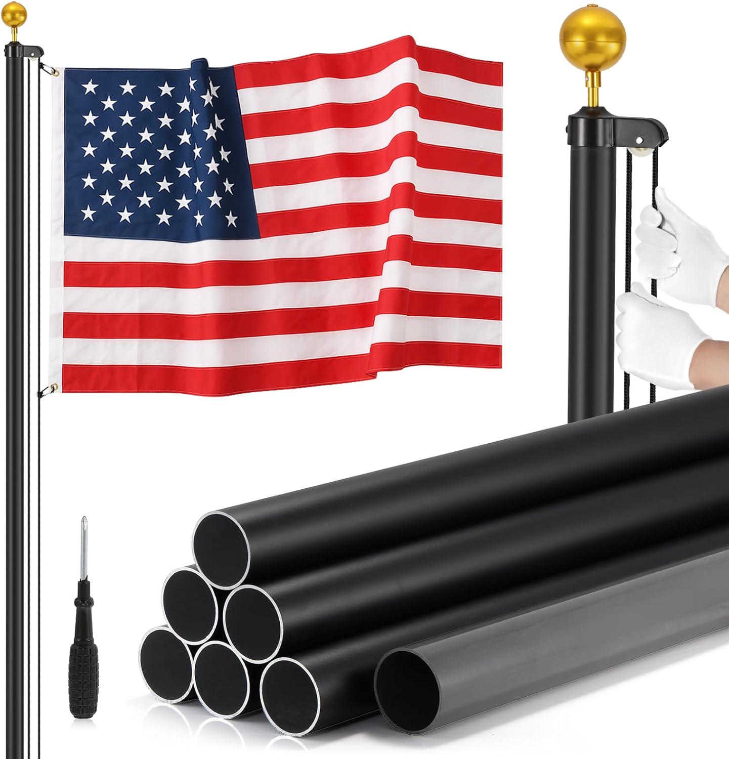 Dyna-Living Flag Pole Kit 12 Gauge 25 FT Heavy Duty Flagpole Aluminum Extra Thick Flag Pole for Outside House In Ground, Black Garden Flag Stand Residential Flag Poles with 3 * 5 FT USA Flag