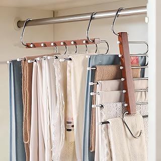 Pants Hangers Space Saving, 4 Packs Wooden Closet Organizer, Anti-Slip Design Leggings Hanger, Multi-Layer Clothing Pant Rack for Jeans, Trousers, Skirts, Scarves & Slacks