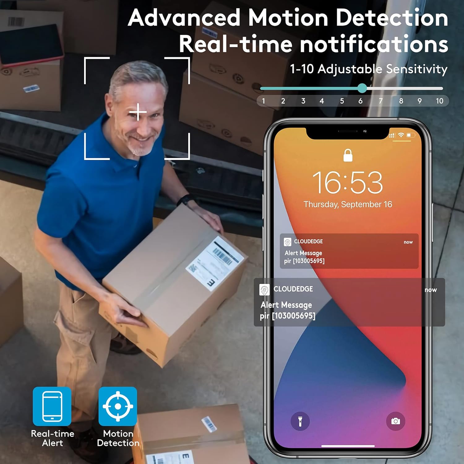 A man receiving a motion detection alert on his smartphone from the CloudEdge app, with adjustable sensitivity settings shown.