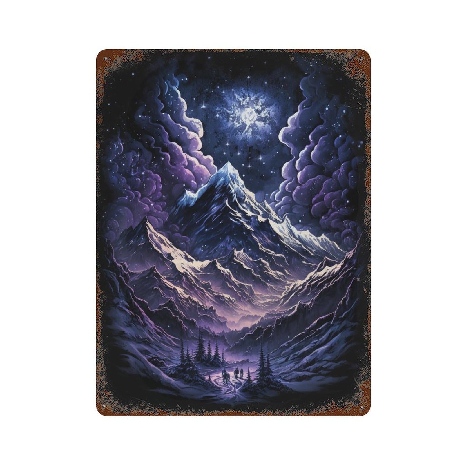 Snowy Mountain Night Scene Rust Effect Tin Sign 15.7"x11.8", Farmhouse Wall Decor for Living Room, Hallway And Home Decor