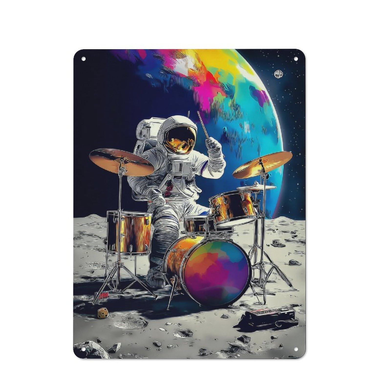 Junmoney Astronaut Drummer On The Moon -2 Retro Tin Sign 40X30cm For Lounge Or Reading Corner, For Home Wall Decor Collectors