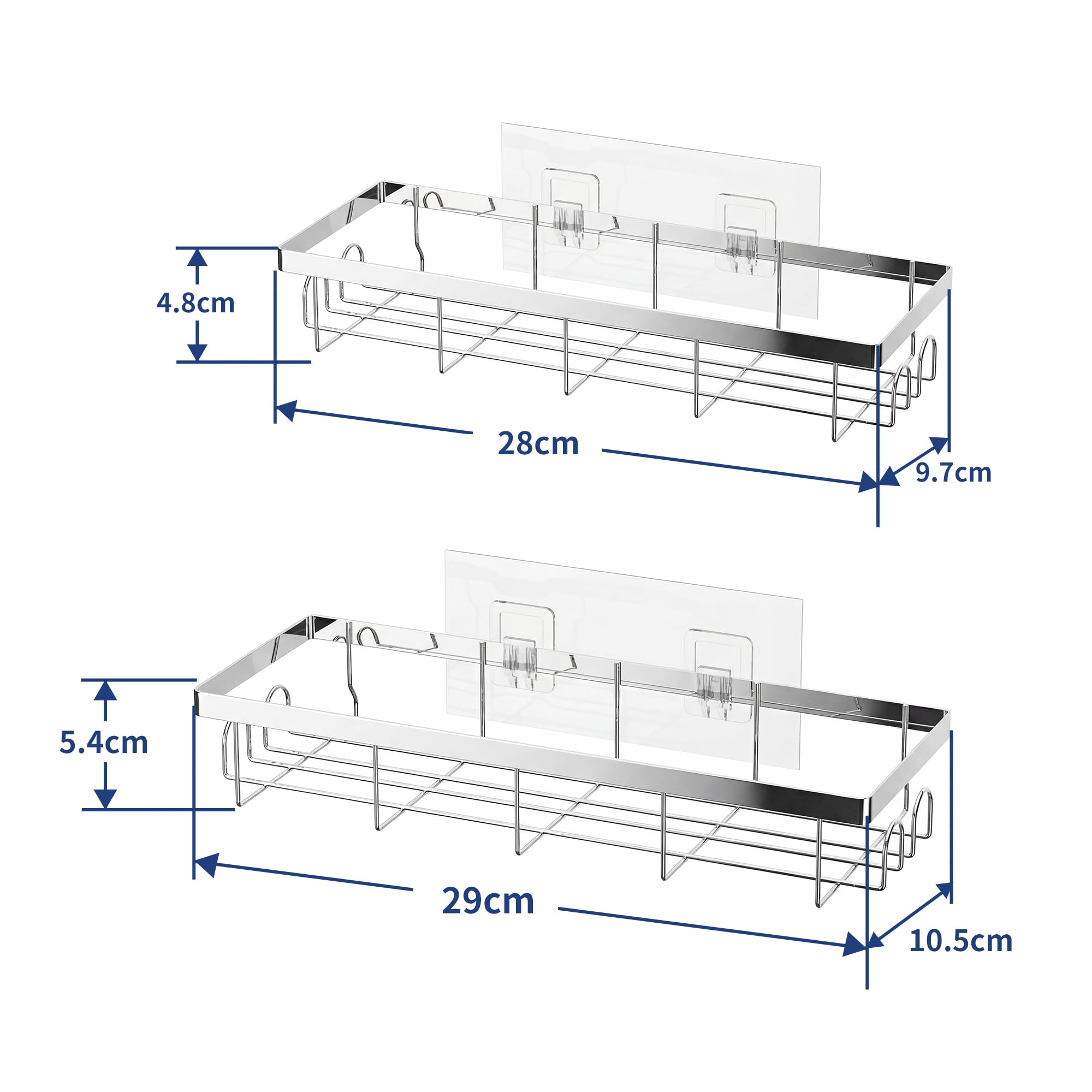 JAQ Shower Caddy 2 Pack, Adhesive Bathroom Shelf Organizer No Drilling Wall Mounted Storage Rack for Inside Shower, Rust-Resistant Metal Shower Basket with Hooks for Shampoo, Conditioner, Soap-Silver - 2