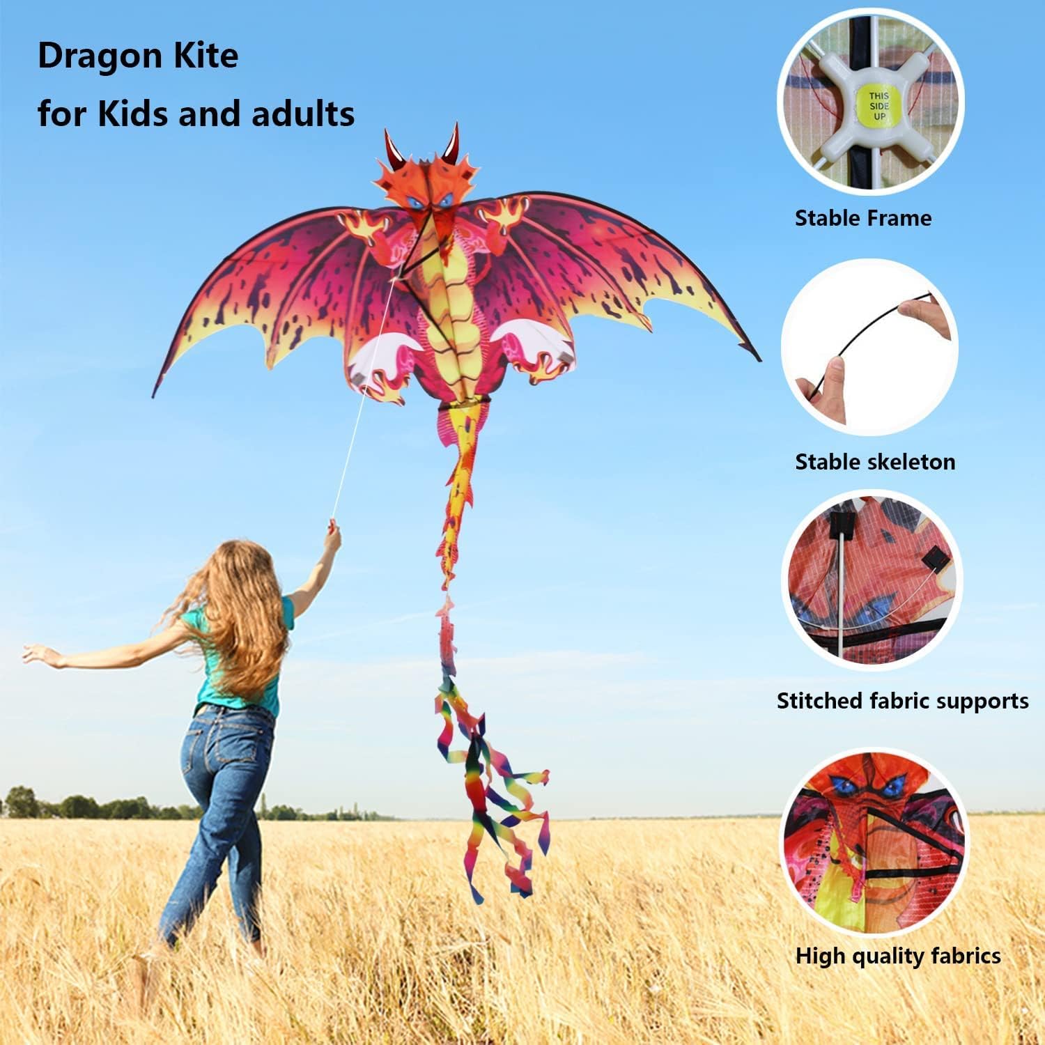 eyijklzo Green Dragon Kite Beautiful and Easy Flyer Kite for Children and Adult with Long Colorful Tail String Line Accessories Easy to Soar High Outdoor Sports Game Activities or Beach Trip