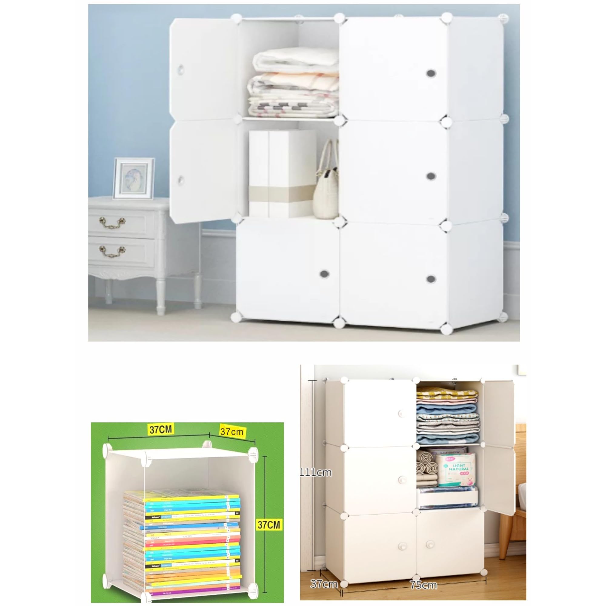 Generico Modułowa szafa modułowa, 6 przegródek, biała z drzwiami, modułowa 3 x 2, 111 x 37 x 75 cm, wielofunkcyjna, oszczędność miejsca do pokoju, salonu, garażu