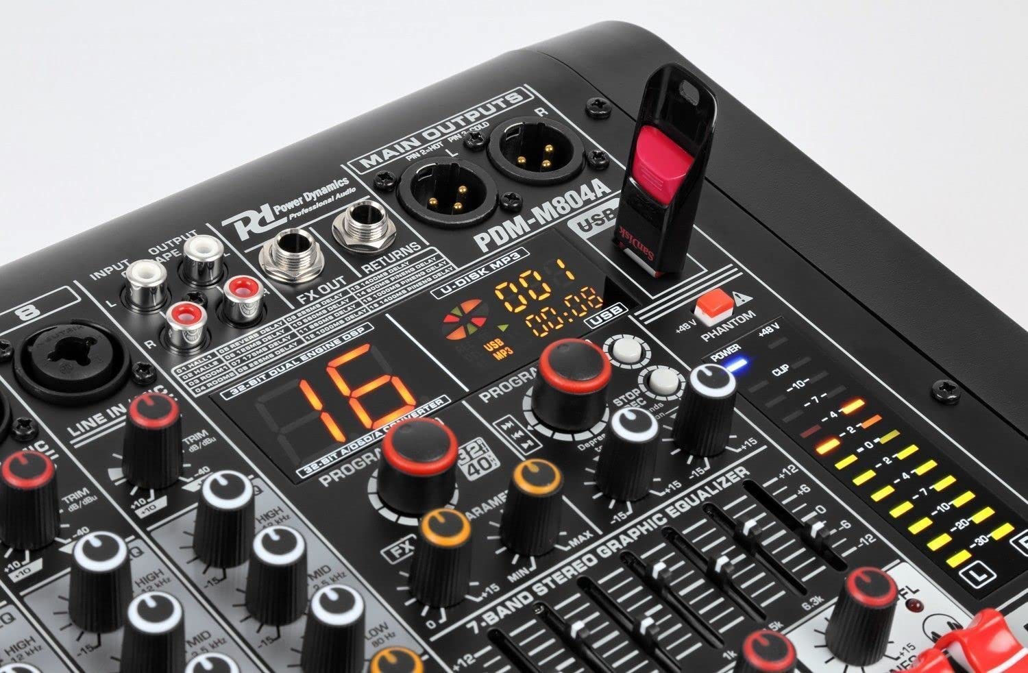 Power Dynamics PDM-M804A Table de Mixage Amplifiée 8 Canaux, Console DJ Professionnelle, Sonorisation Pro, DSP 24 bits, 16 Effets, USB MP3 Bluetooth, Egalisateur 7 Bandes, Micro/Casque, Ampli 2x220W