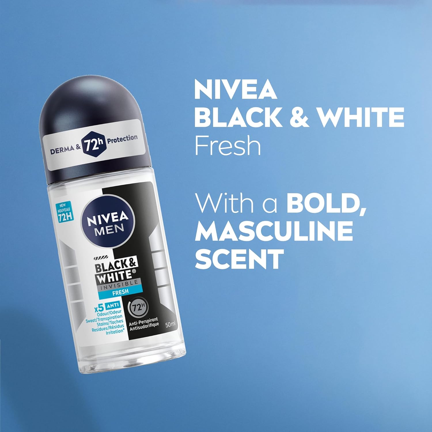 NIVEA MEN Black & White Invisible Roll-On Antiperspirant Deodorant with 72-Hr Odour, Sweat and Stain Protection, Fresh Scented Men's Deodorant, Non-Sticky, Ethyl Alcohol Free, 50mL - Image 6