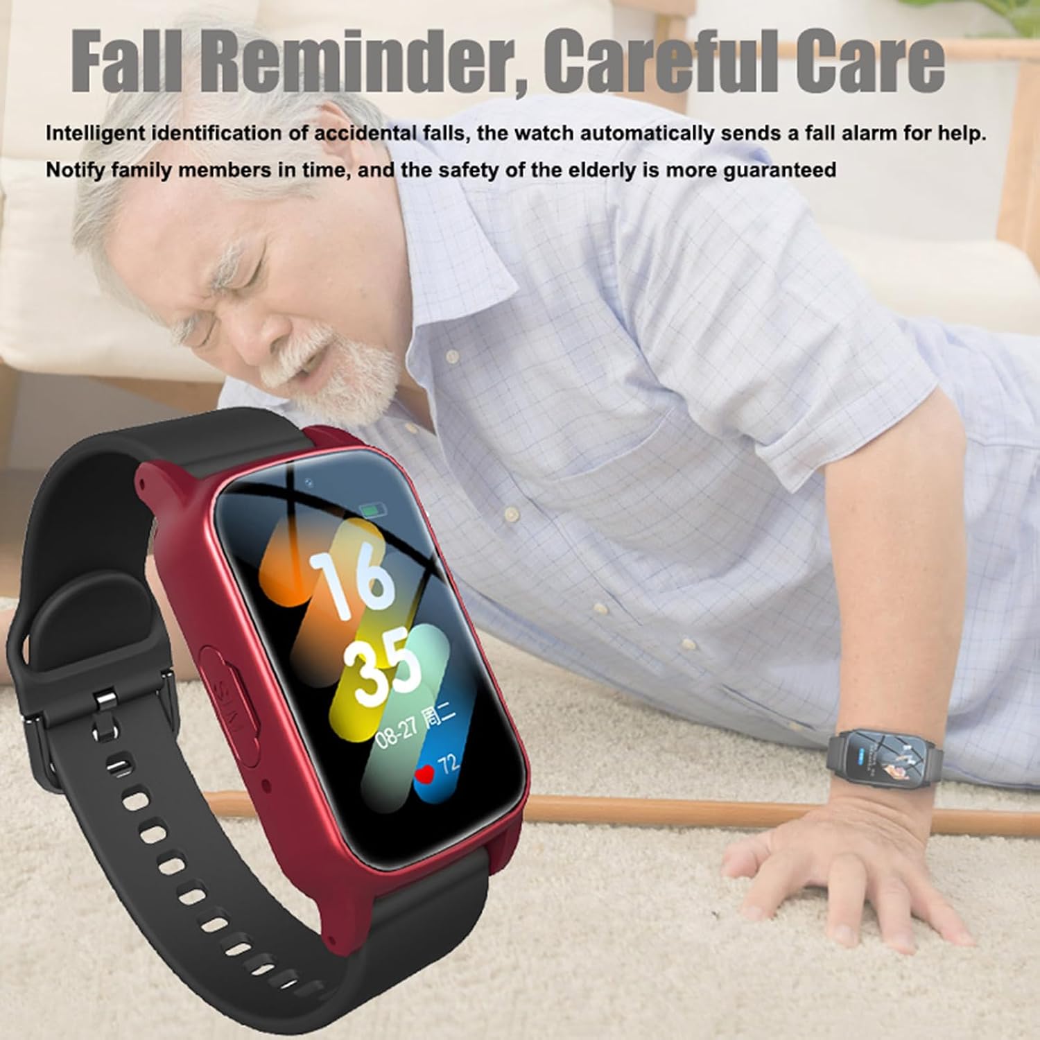 Weyot Smartwatch on a wrist, with an elderly person on the floor in the background, illustrating fall detection.
