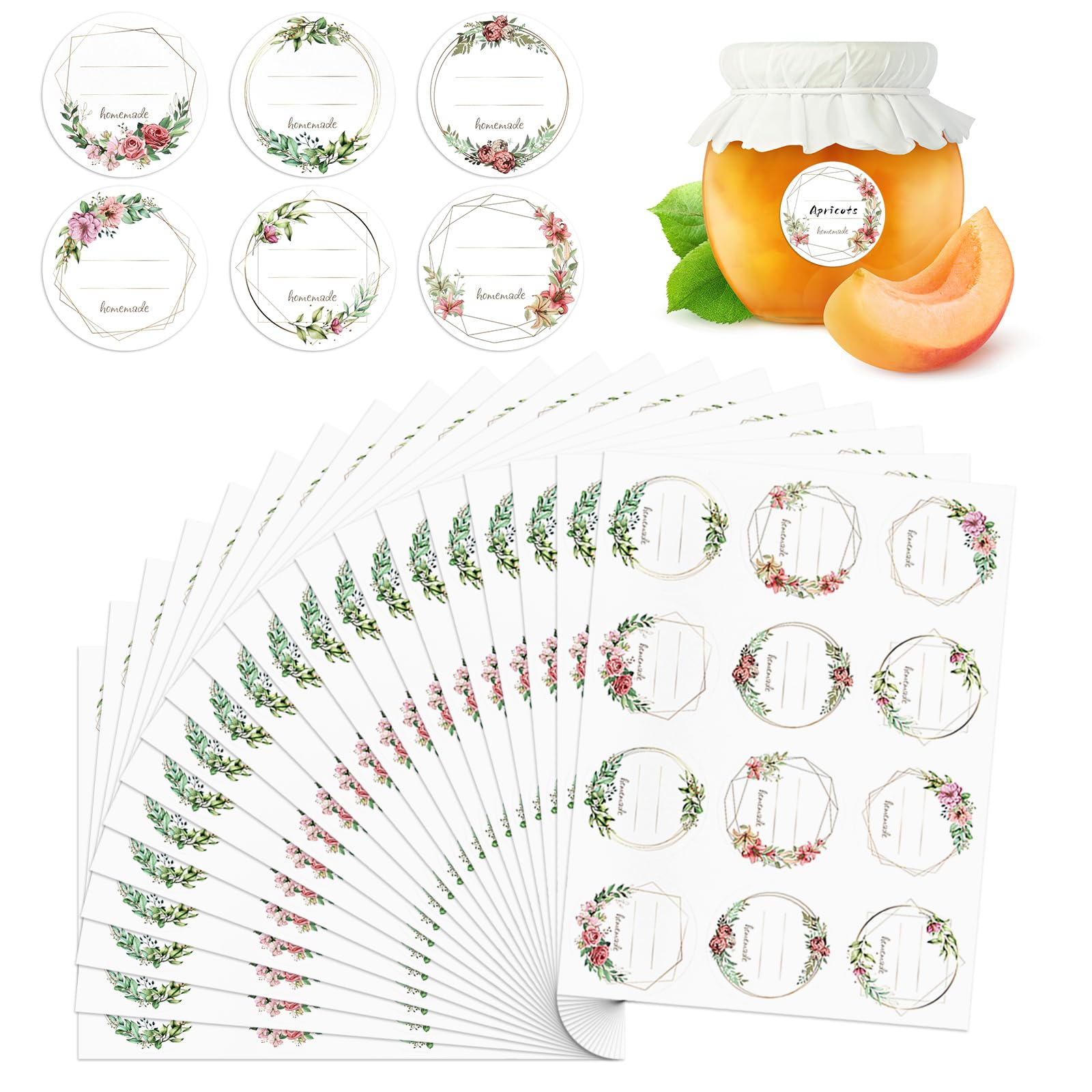 Marmeladenetiketten, 240 Stück Selbstklebend Klebeetiketten zum Beschriften | 5cm Floral Runde Aufkleber zum Beschriften von Gläsern, Flaschen und Backwaren, Küche Klebeetiketten