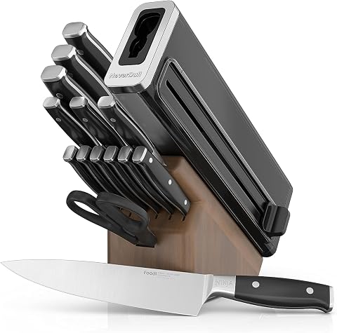 Ninja Foodi NeverDull 15-Piece Premium Knife System, Wood Series Block with Buil