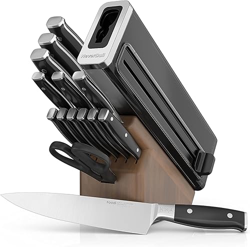 Ninja K52015 Foodi NeverDull 15 Piece Premium Knife System, Wood Series Block, German Stainless Steel, with Built-in Sharpener, Stainless