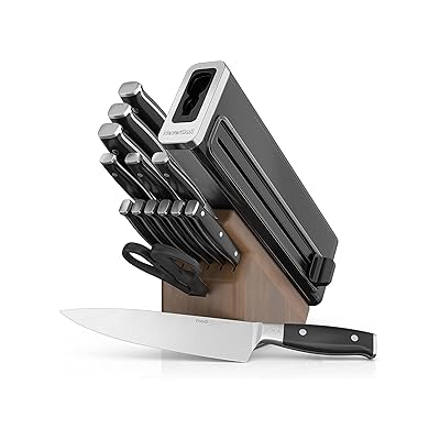 Ninja K52015 Foodi NeverDull 15 Piece Premium Knife System, Wood Series Block, German Stainless Steel, with Built-in Sharpener, Stainless Steel/Walnut