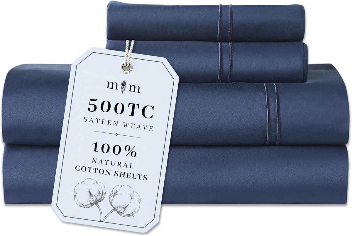 Queen Size Sheet Set, 500 TC Single-Ply Cotton Sateen, 4-Piece, Navy Blue | 18-Inch Deep Pocket Design Stays Secure while 100% Natural Cotton Feels Soft, Smooth and Breathable through Every Season