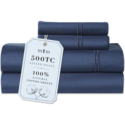 Queen Size Sheet Set, 500 TC Single-Ply Cotton Sateen, 4-Piece, Navy Blue