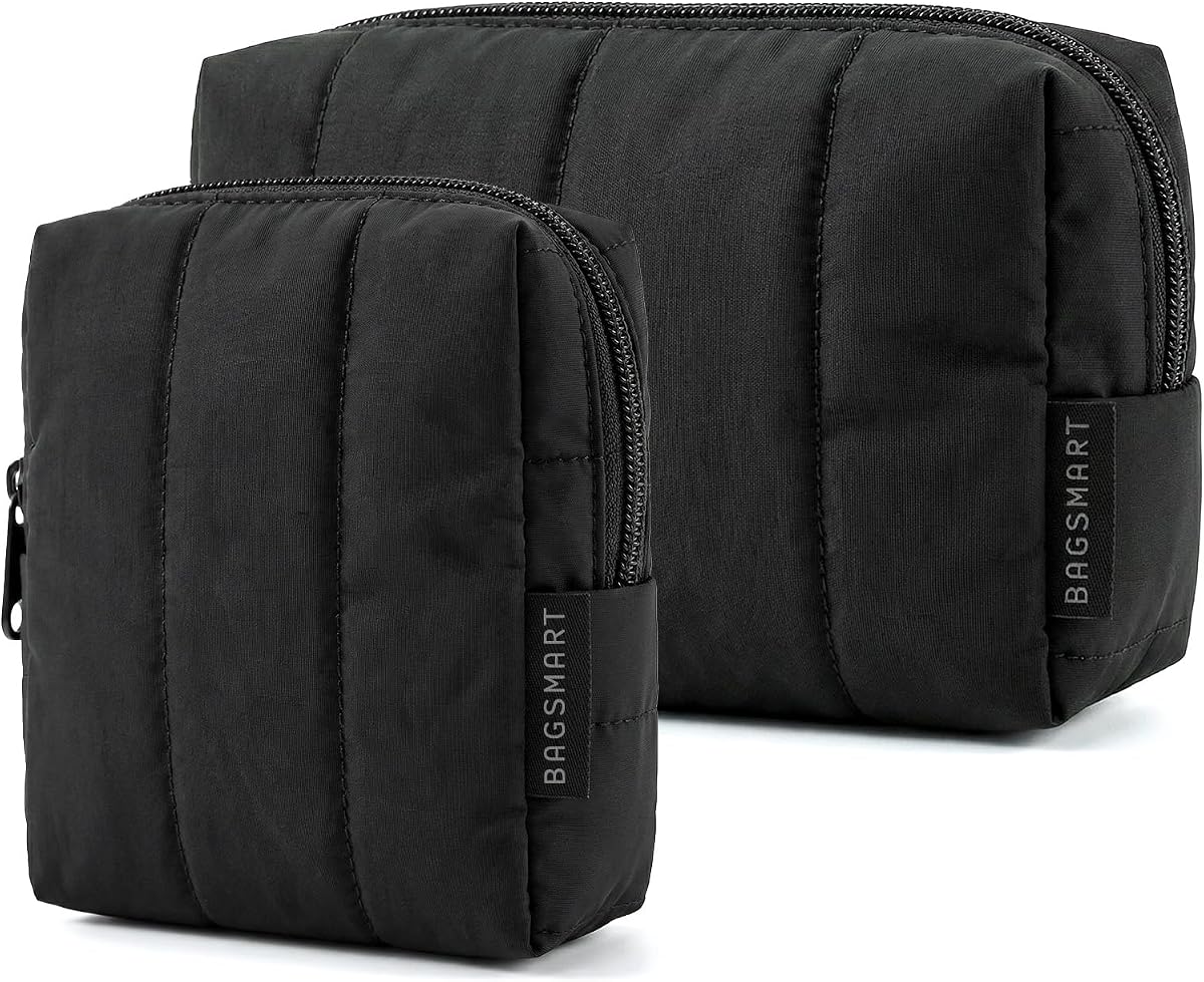 Puffy Padded Travel Makeup Bag Duo Large & Small for Women, Black | Puffy Padded, Travel Cosmetic Organizer with Slip-in Pockets, Large Toiletry Bag & Small Purse Pouch, Travel Essentials