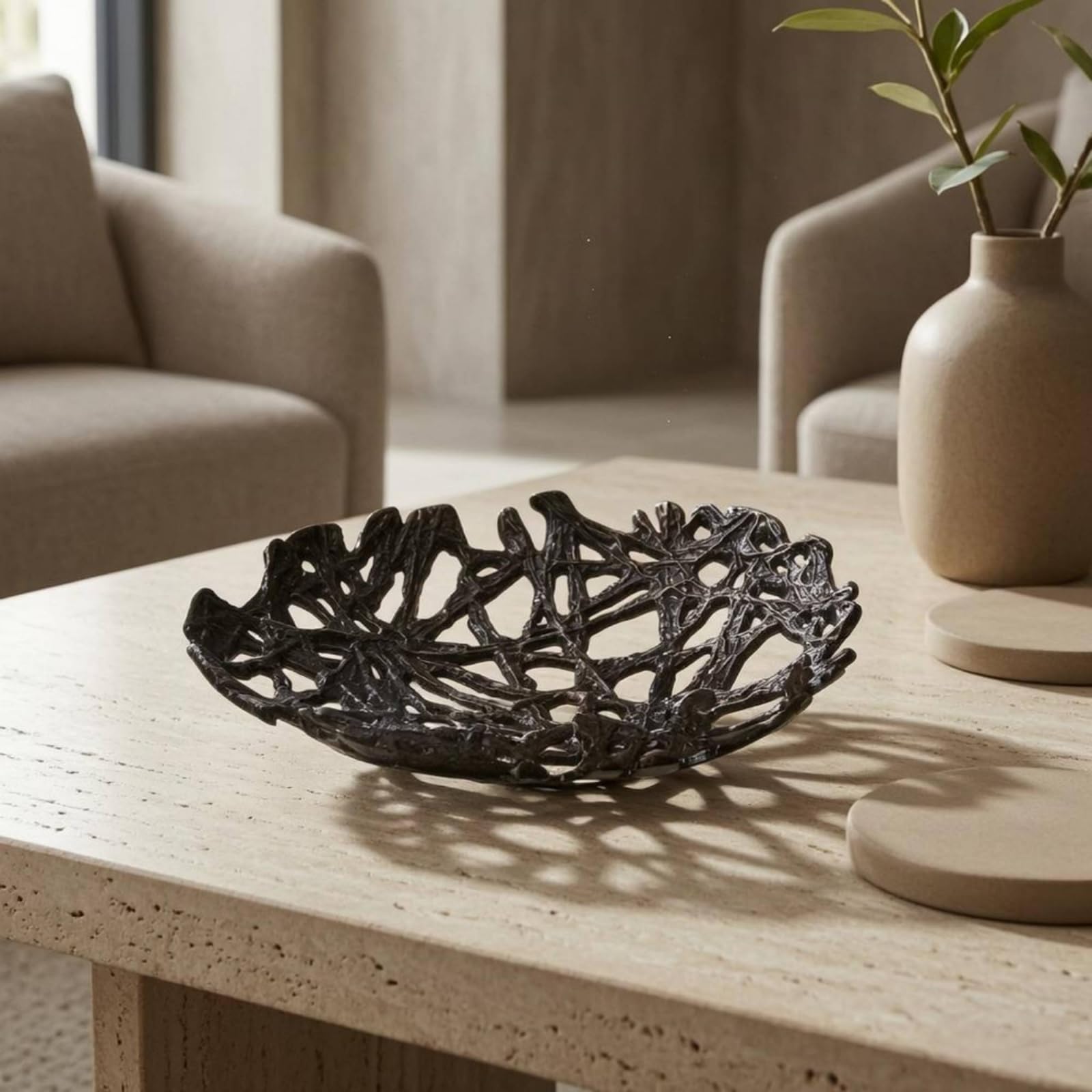 Vassoio Decorativo Alluminio Pressofuso Naturale Superficie Lavorata Arieggiata Organizer da Tavolo O Porta Frutta Decorativo Adatto per Consolle, Bronzo Nero Antico, Grande