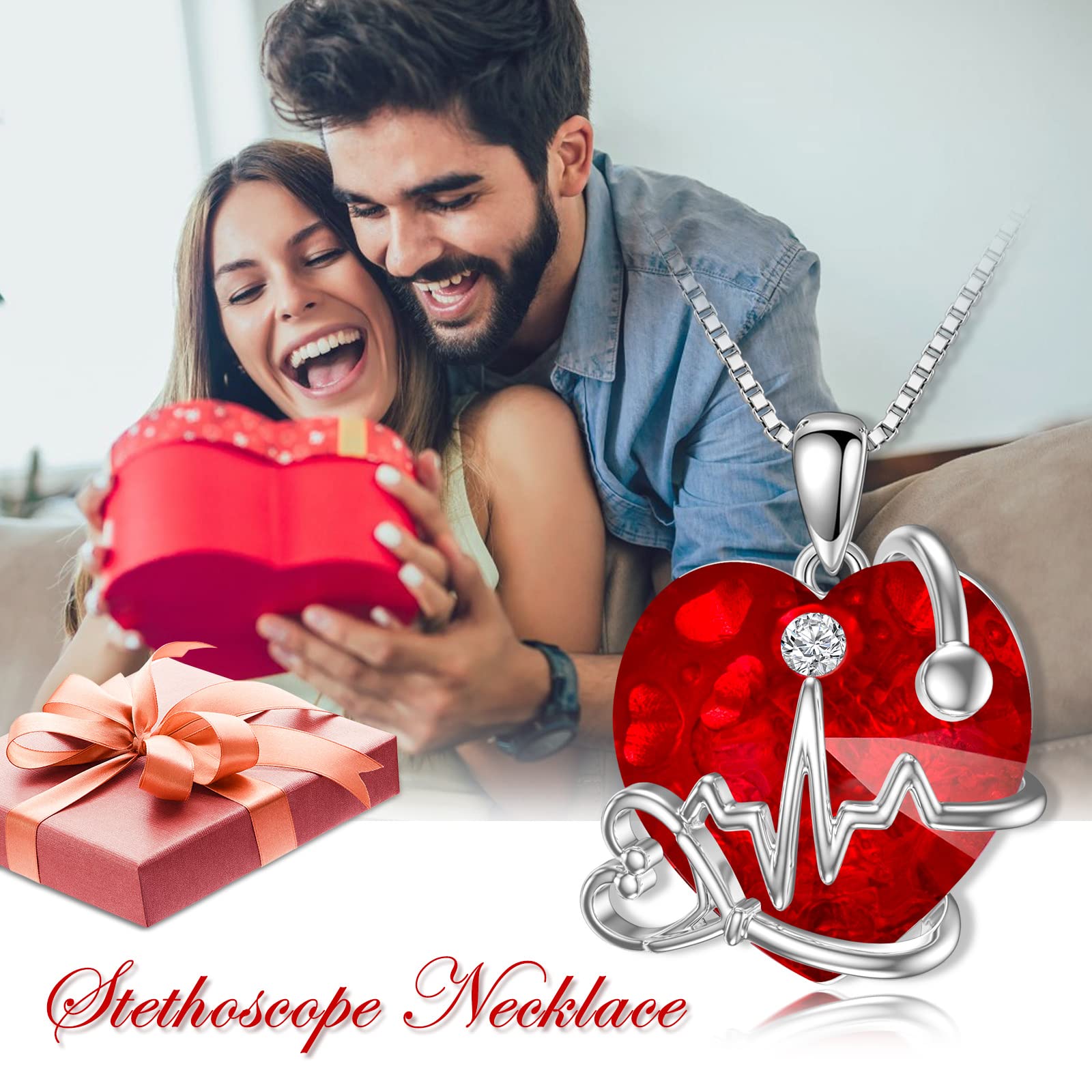 TOUPOP Stetoscopio Collana a forma di cuore da donna, in argento, regalo per donne, battito cardiaco, regalo per studentessa, infermiera, laurea, compleanno, regalo di Natale, Argento sterling