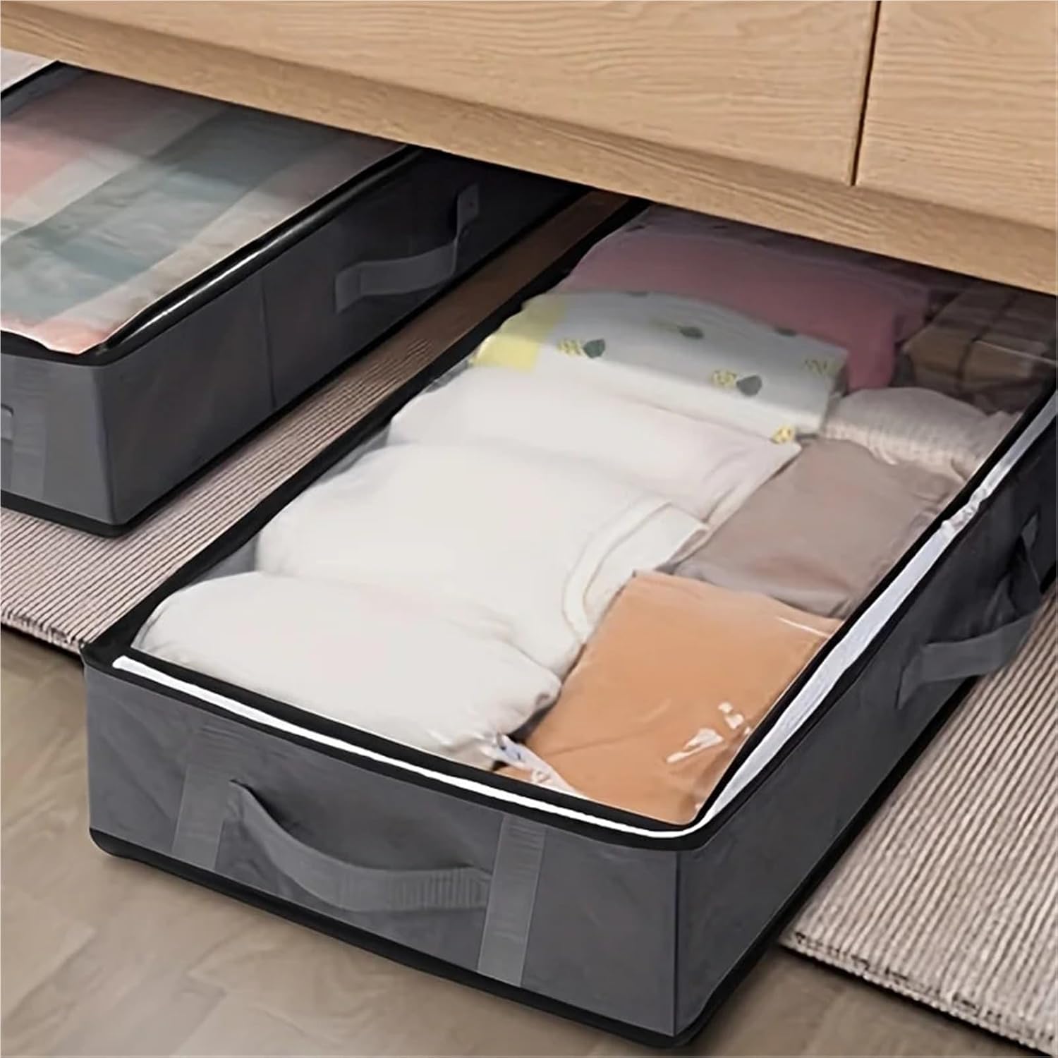 Under Bed Storage Box 2 PC Large Capacity Under Bed Storage Bag Clear Window, Reinforced Handles Foldable Closet Organizer for Blankets Clothing(Light Grey)