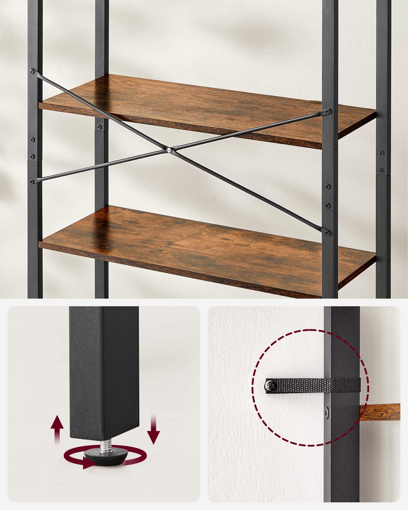 VASAGLE Libreria Alta a 6 Ripiani, Scaffale Portaoggetti, Struttura in Acciaio, Salotto Camera da Letto Studio, 30 x 80 x 186 cm, Industriale, Marrone Vintage e Nero Inchiostro LLS082B01