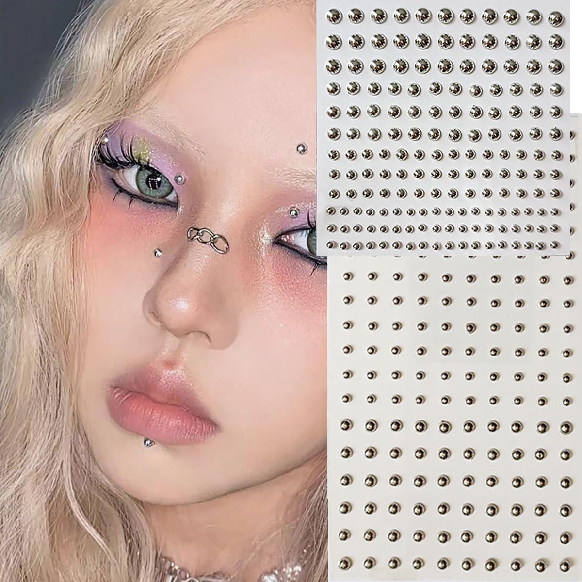 2 Sheets Fake Lip Nail Fake Nose Nail Fake Lip Ring Fake Lip Piercing Fake Piercing Ball Fake Belly Button Nail, Self-Adhesive Fake Lip Piercing Gemstone Stickers Silver