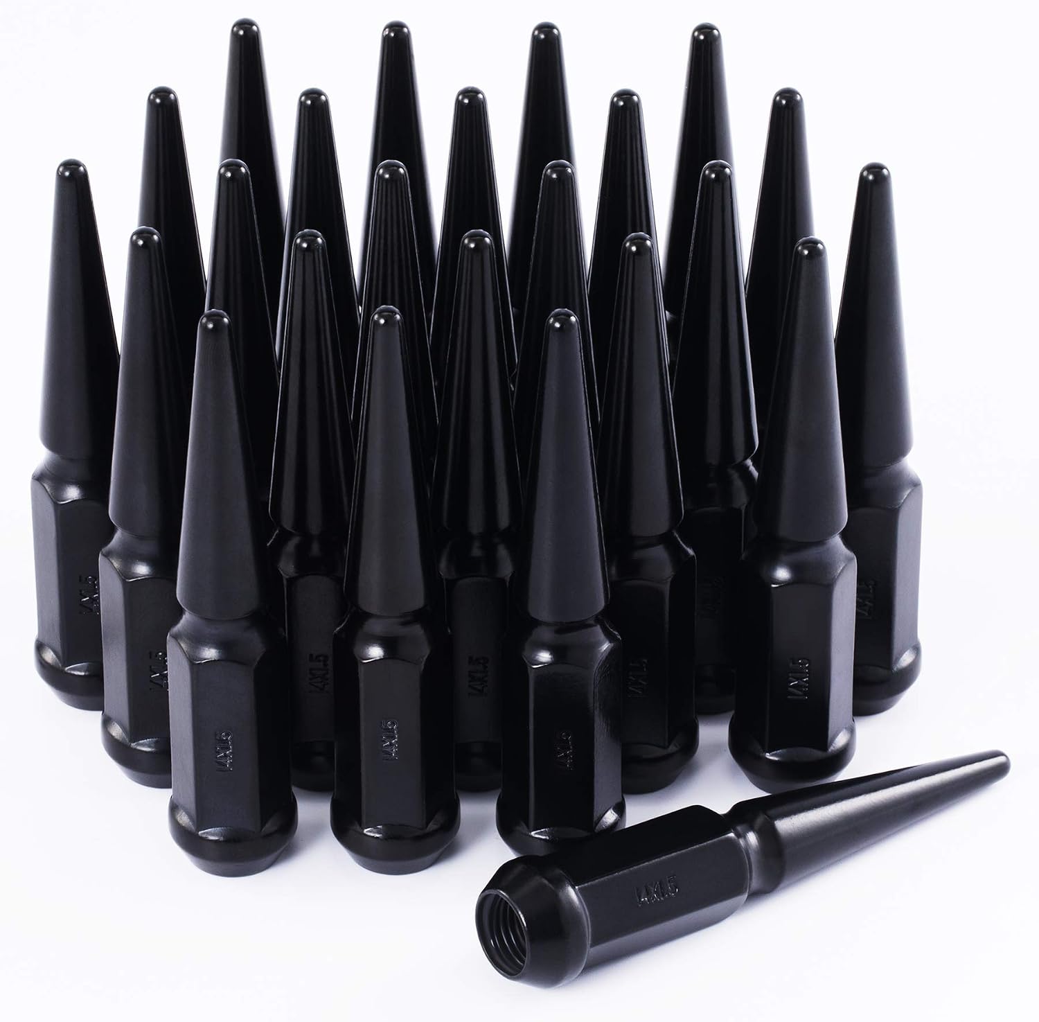 OMT M14x1.5 Spike Lug Nuts, 14mmx1.5 Wheel Lug Nuts Compatible with Chevy Silverado 1500 Ford F150 GMC Sierra 1500 & More, 3/4" Hex Lug Nuts, Set of 24, Black