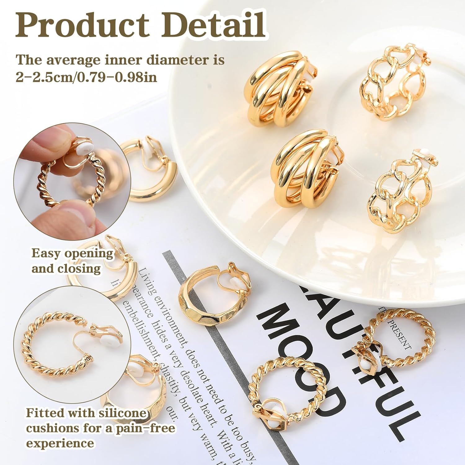 5 Pairs Gold Clip On Hoop Earrings for Women, Stylish Chunky Gold Hoops Earrings Set Golden Clip on Earring No Piercing Fake Earring Set - Image 2