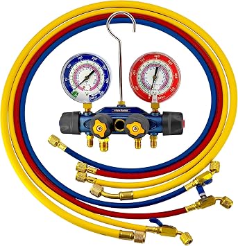 49974 49975 A2L 4-Valve Test and Charging Manifold with Hoses, 3-1/8" 80mm Gauges, for R-32/454B/410A, HVAC Manifold Gauge, A/C Manifold Gauge Replaces # 29260 29660 30460 16260