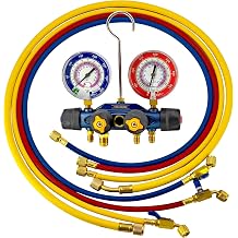 49974 49975 A2L 4-Valve Test and Charging Manifold with 3-1/8" 80 mm Gauges HVAC Manifold Fits for R-410A/454B/32 Refrigerants w/ 60" Plus II Vacuum Charging Hoses and 3/8" x 45 Port Red/Blue Gauge