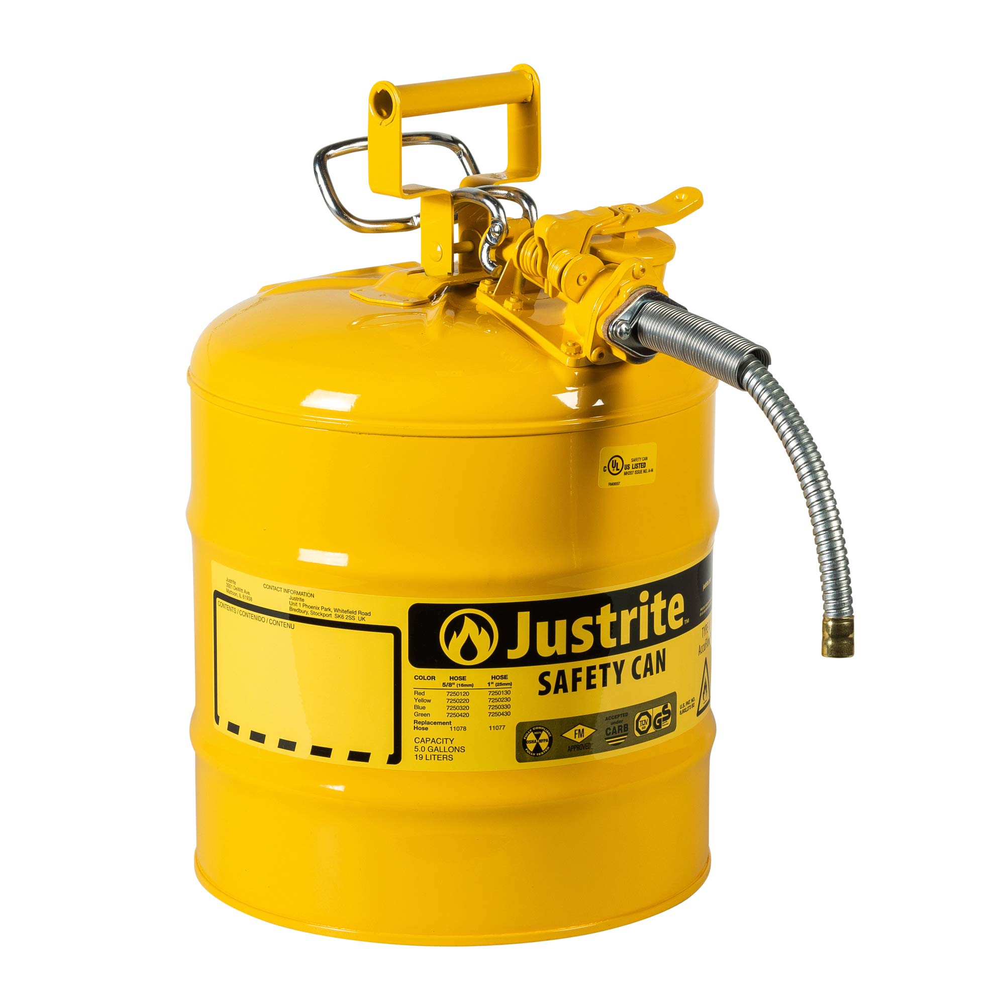 Justrite AccuFlow 7250220 Type II Galvanized Steel Safety Can with 5/8" Flexible Spout, 5 Gallon Capacity, Yellow