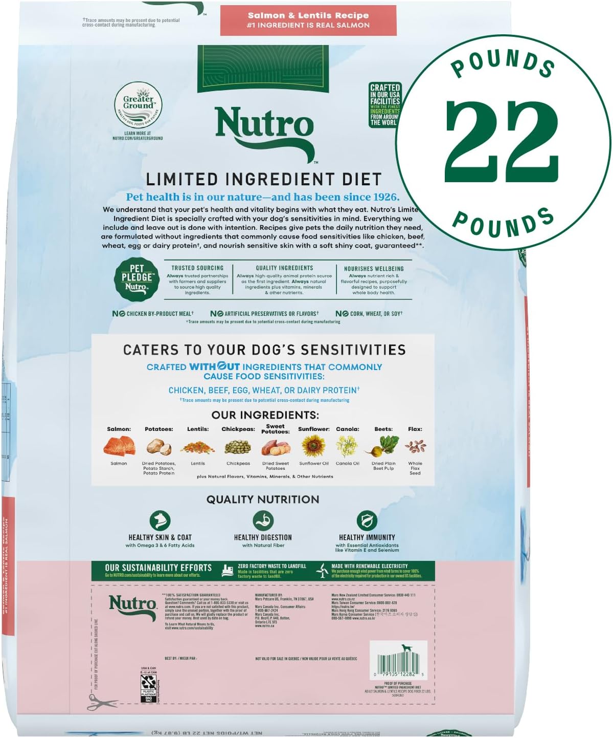 Nutro Limited Ingredient Diet Dry Dog Food, Adult Dog Food Dry Salmon & Lentils Recipe, 22 lbs.