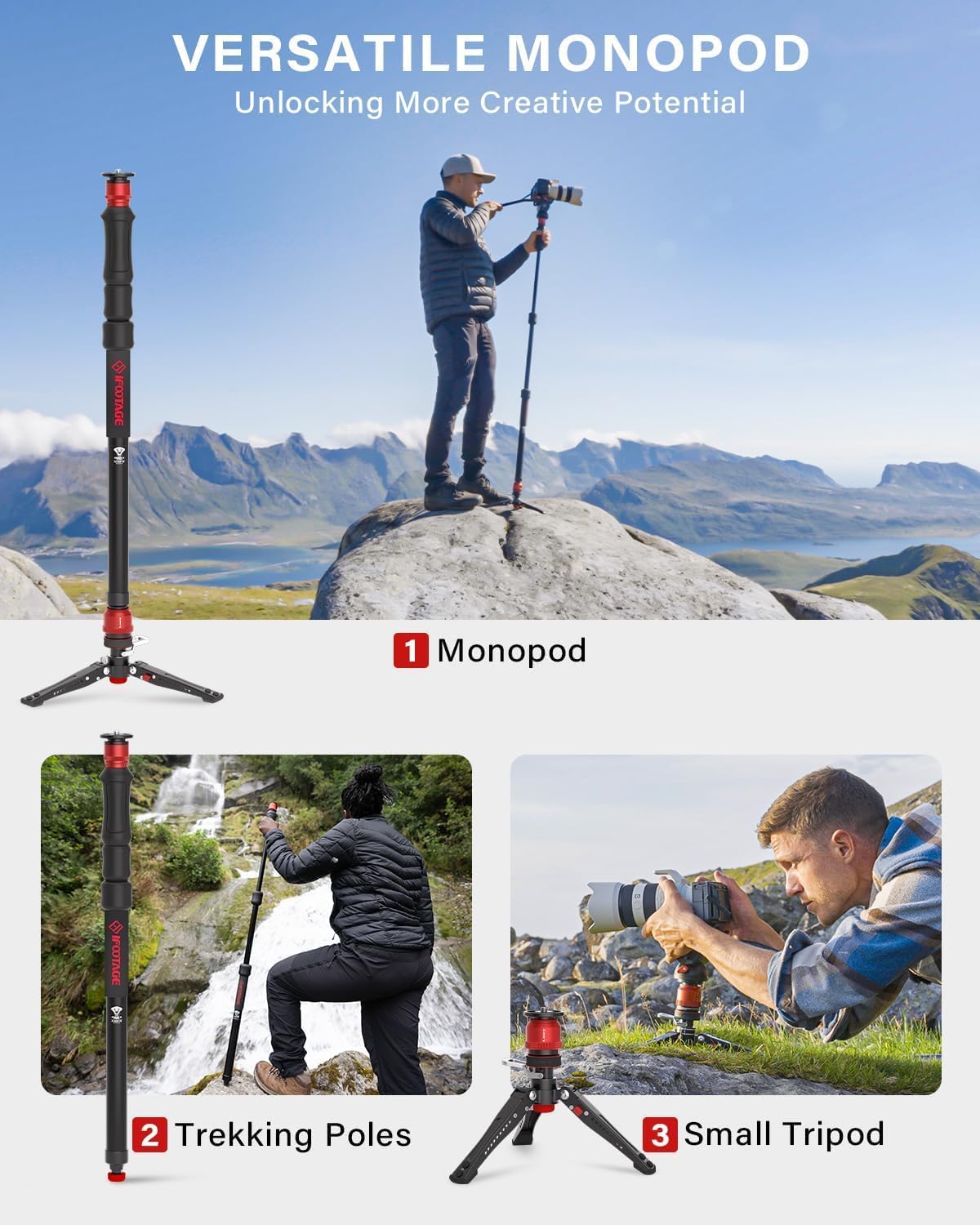 IFOOTAGE Monopod Cobra 3 Strike A150S, One-Touch Lifting Aluminum Video with Removable Tripod Base, Payload 11lb 60"/150cm, New and Good Item with Defective Box