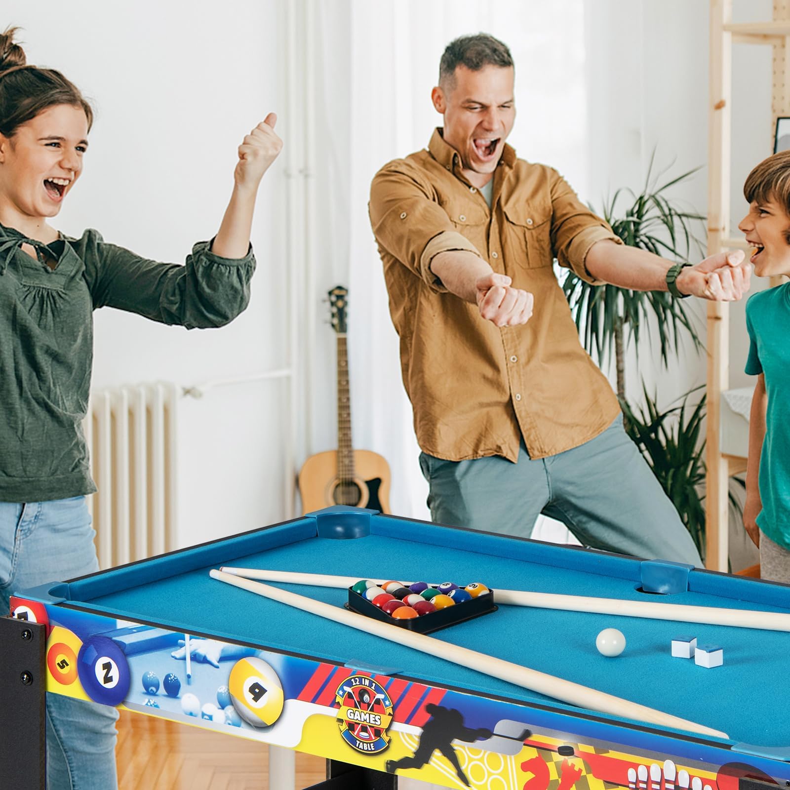 COSTWAY 12 in 1 Spieltisch, Multifunktionstisch mit Tischfußball, Airhockey, Billard, Tischtennis, Schach, Bowling, Shuffleboard, Kombi-Tisch Tischkicker für Zuhause, Büro, Bar