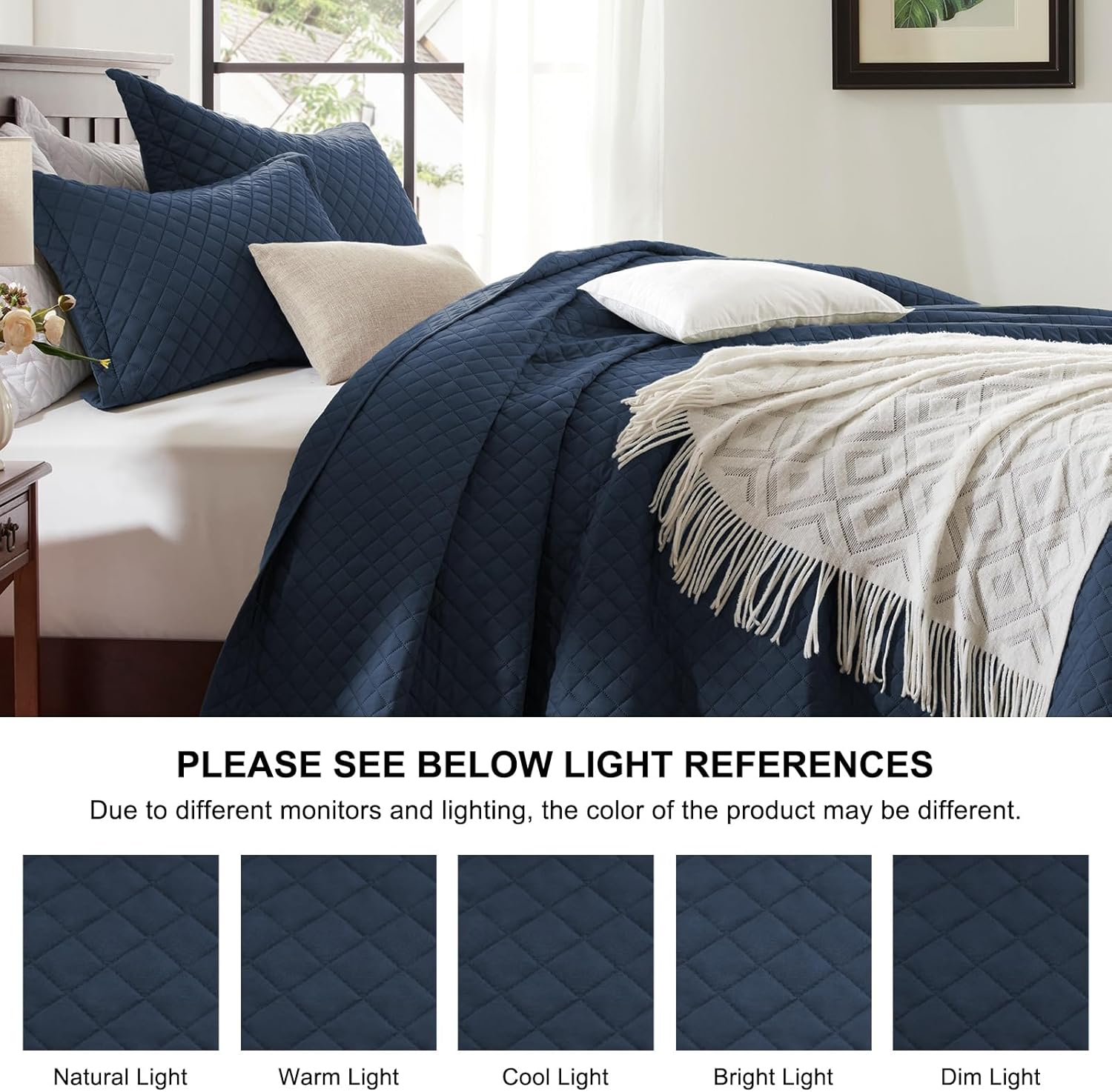 SunStyle Home Queen Quilt Bedding Set Navy, Lightweight Comforter Bedspread Blanket Full Queen Size Quilt, Durable Quilted Stitching Coverlet with 2 Pillow Shams Diamond Pattern All Seasons 3pcs - Image 5