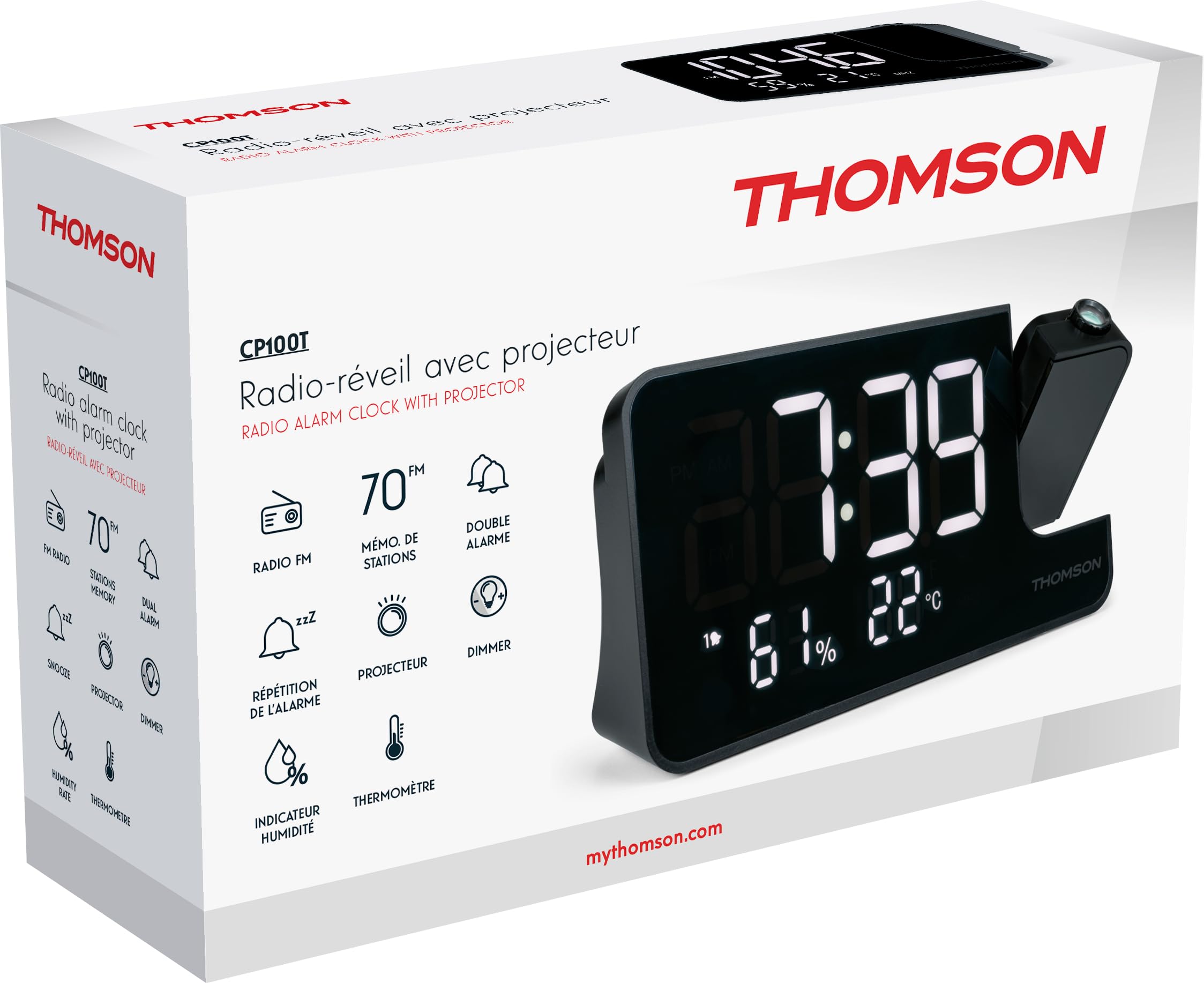 THOMSON CP100T Projection Alarm Clock Radio, Temperature and Humidity Indicator 20 Memory FM Stations, Save Time on Battery