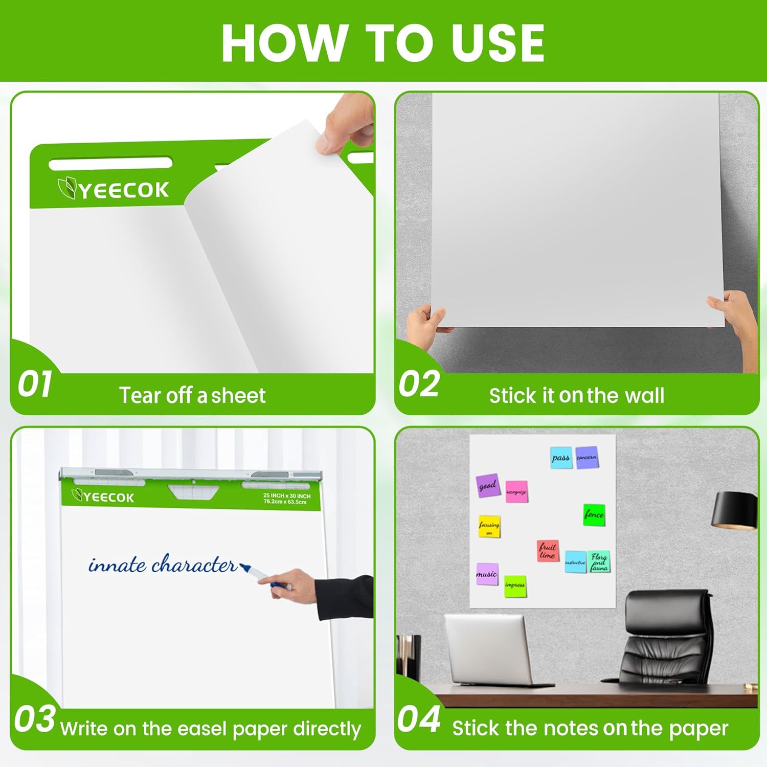 YEECOK Sticky Easel Pad 25 in x 30 in, 30 Sheets/Pad, 8 Pads/Pack, Sticky Flip Chart Paper for Teachers, Super Sticking Power & Bleed-Resistant
