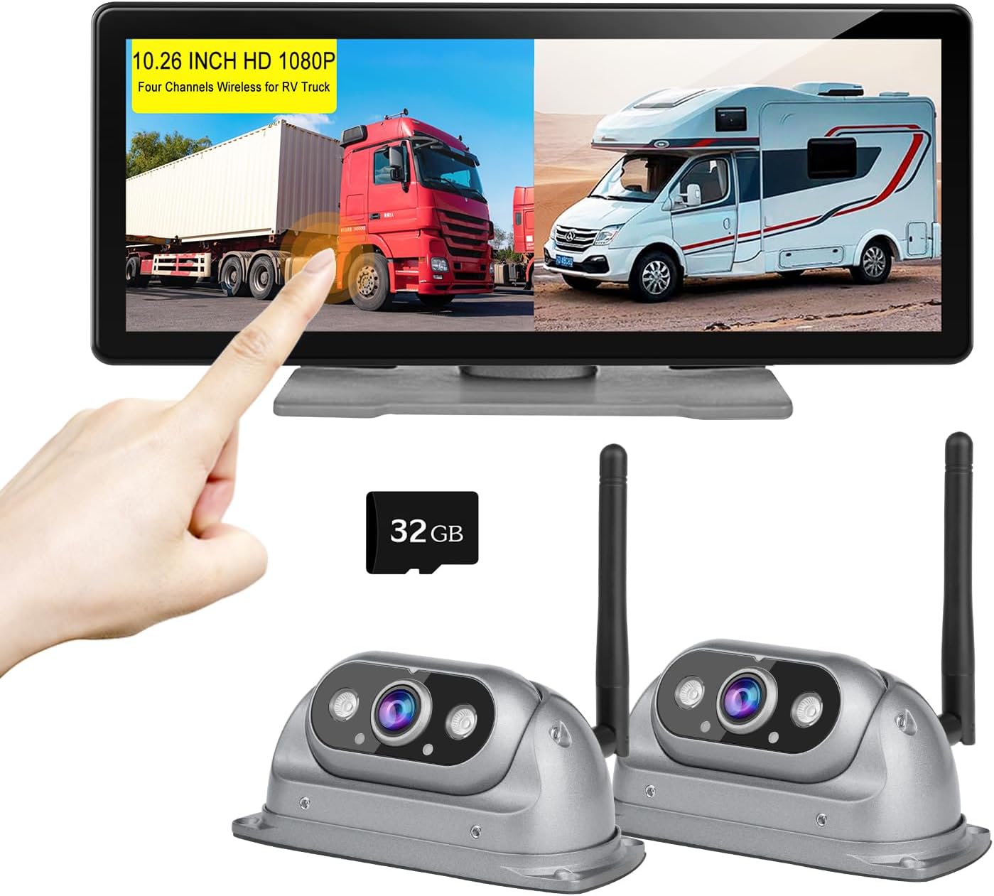 HD RV Vehicle Backup Cameras Wireless with 10.26" Monitor for Car Truck Trailer Bus Camper Motorhome System Recording Wide View Two Rear View Camera Clear Infrared Night Vision Support 4 Split Screen