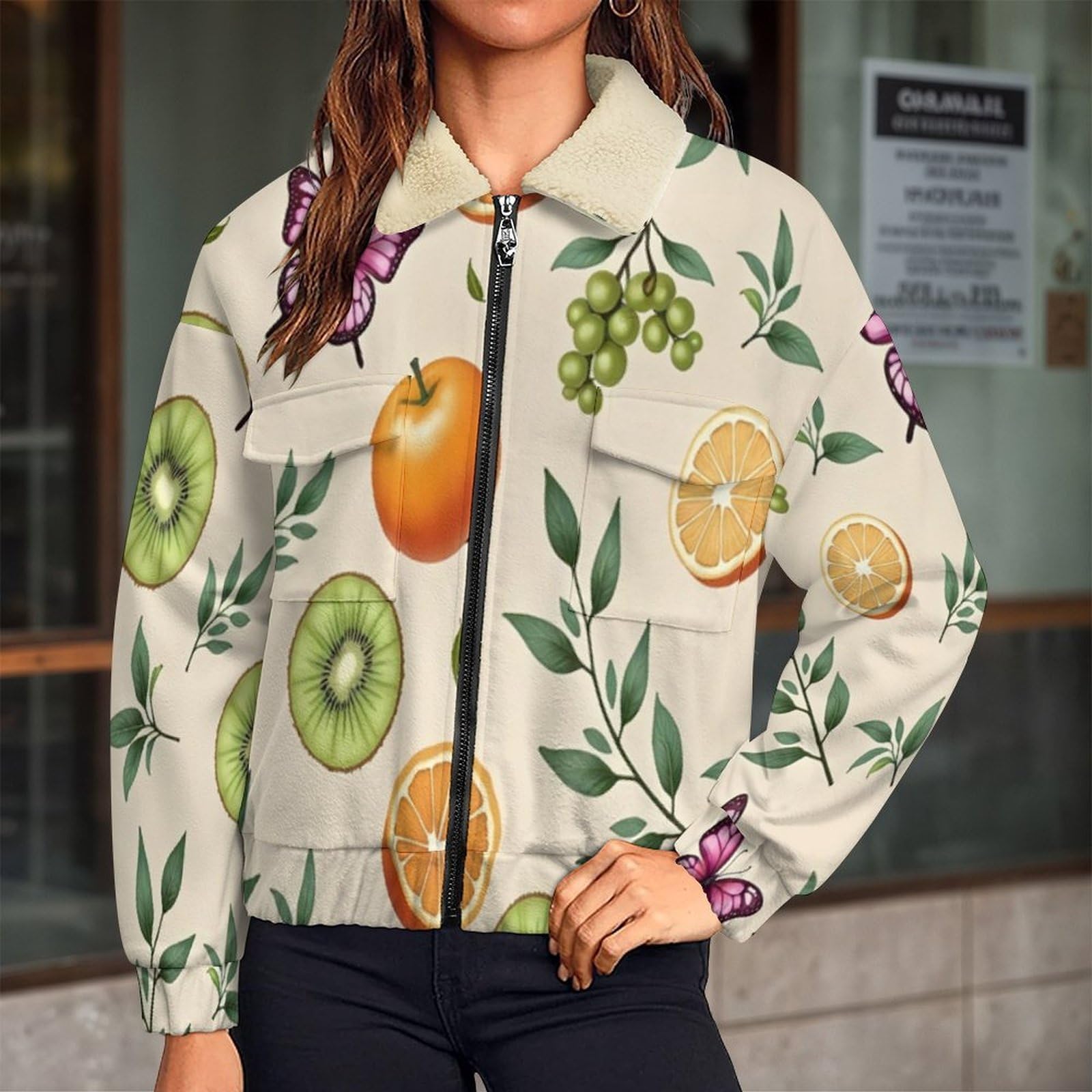 Giacca da Donna Pile con Zip, Giacche Giacca Foglie frutta Teddy Versione, Loose del Arte delle piante Cappotto a Maniche Lunghe Autunno e Inverno Caldo Cappotto