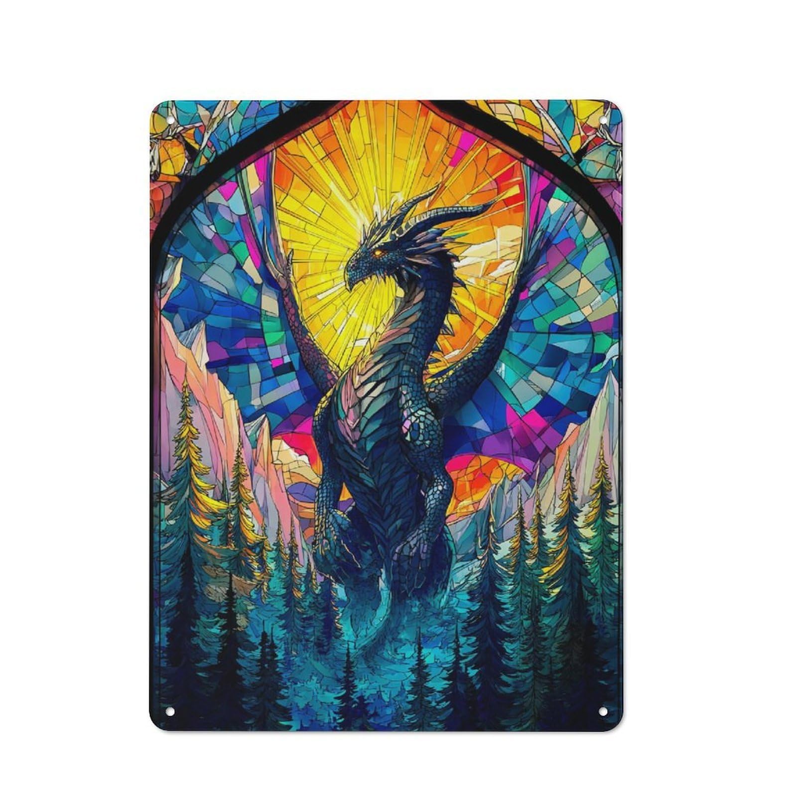 Junmoney Stained Glass Dragon Majesty Retro Metal Plaque 40X30cm For Guest Room Or Hallway, Housewarming Present For People Styling Guest Room And Hallway