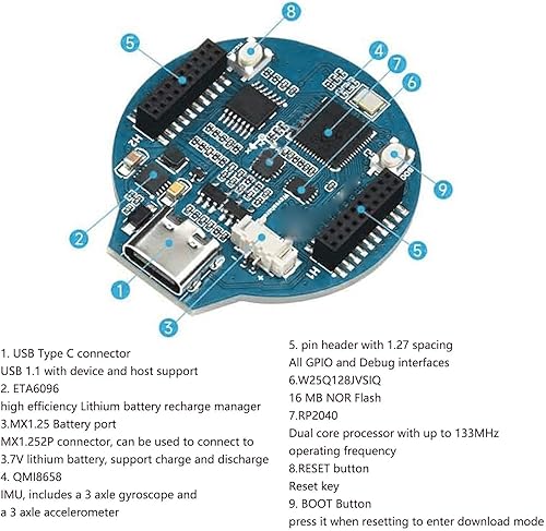 Miniatura 5 de Diyeeni Placa MCU RP2040 con LCD de 1.28 pulgadas - ARM Cortex M0 + procesador de doble núcleo, funciona a 133 MHz, con flash SRAM de 4 MB de 264