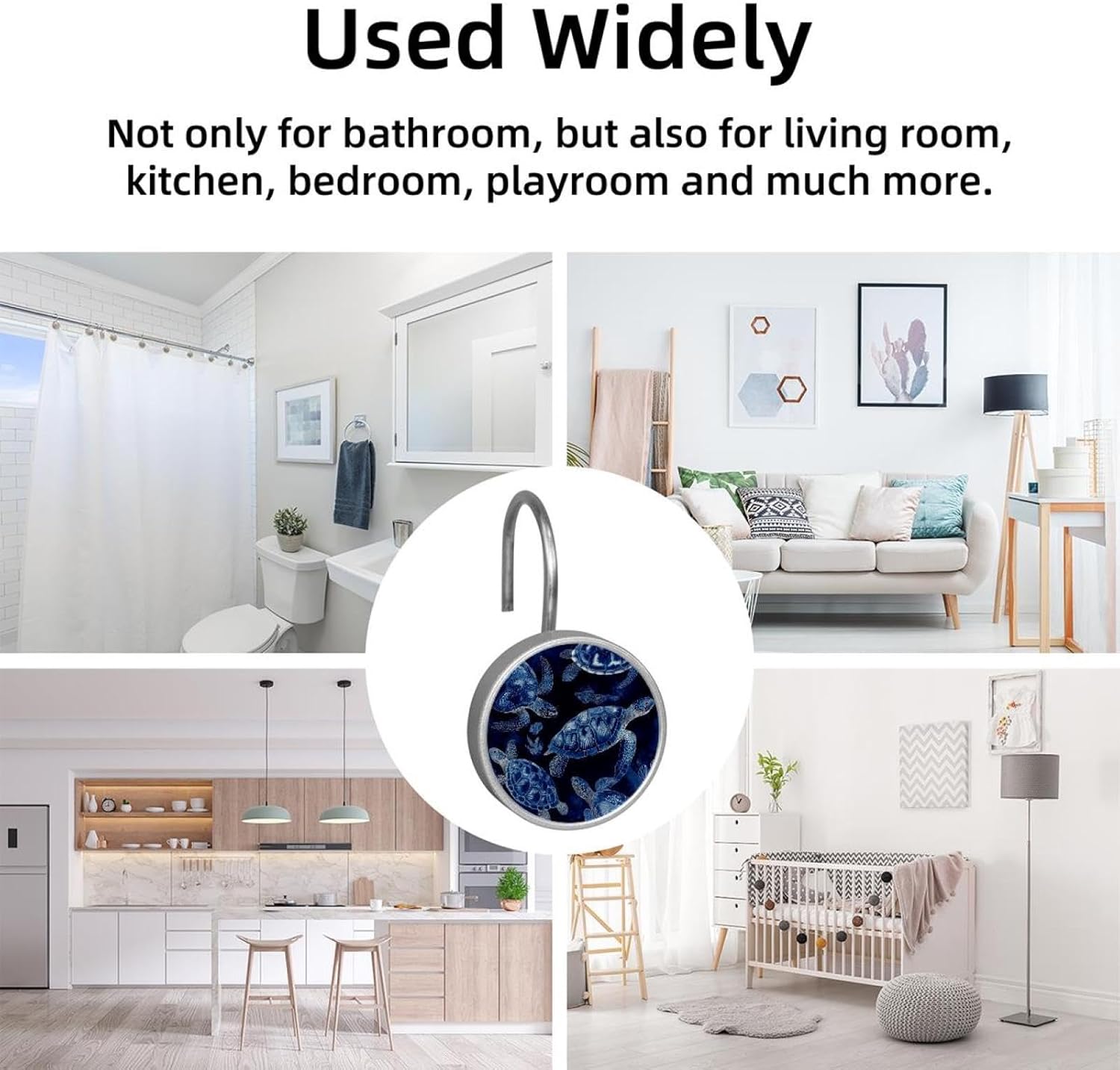 Art Sea Turtles Navy Blue (2) Round Crystal Glass Decorative Shower Curtain Hooks with 3D Pattern Visual, Rust Proof Shower Curtain Rings-12 Pack