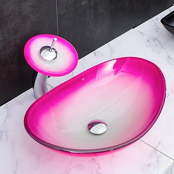 Bathroom Sink and Faucet Combo Artistic Tempered Glass Vessel Sink Basin, Cabinet Countertop Sink with Waterfall Faucet Pop-up Drain,D