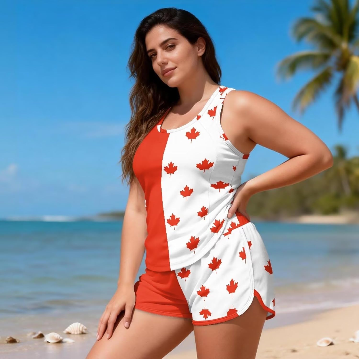 Women's Summer Tankini Swimsuits with Pockets Sporty Swim Shorts Soft Crew Neck Sleeveless Lounge Set Size S-6XL