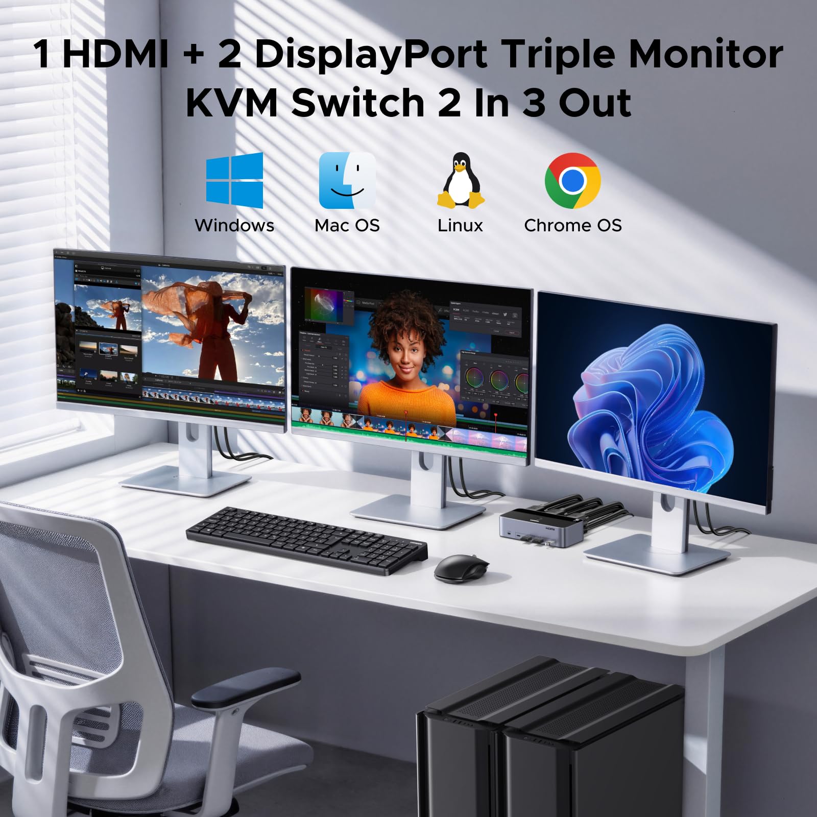 UGREEN HDMI+Displayport KVM Switch 2 PC 3 Monitore 8K60Hz mit 4 USB 3.0 Ports, Tasten- und Desktop-Controller Umschaltung Kompatibel mit Windows/Linux usw.