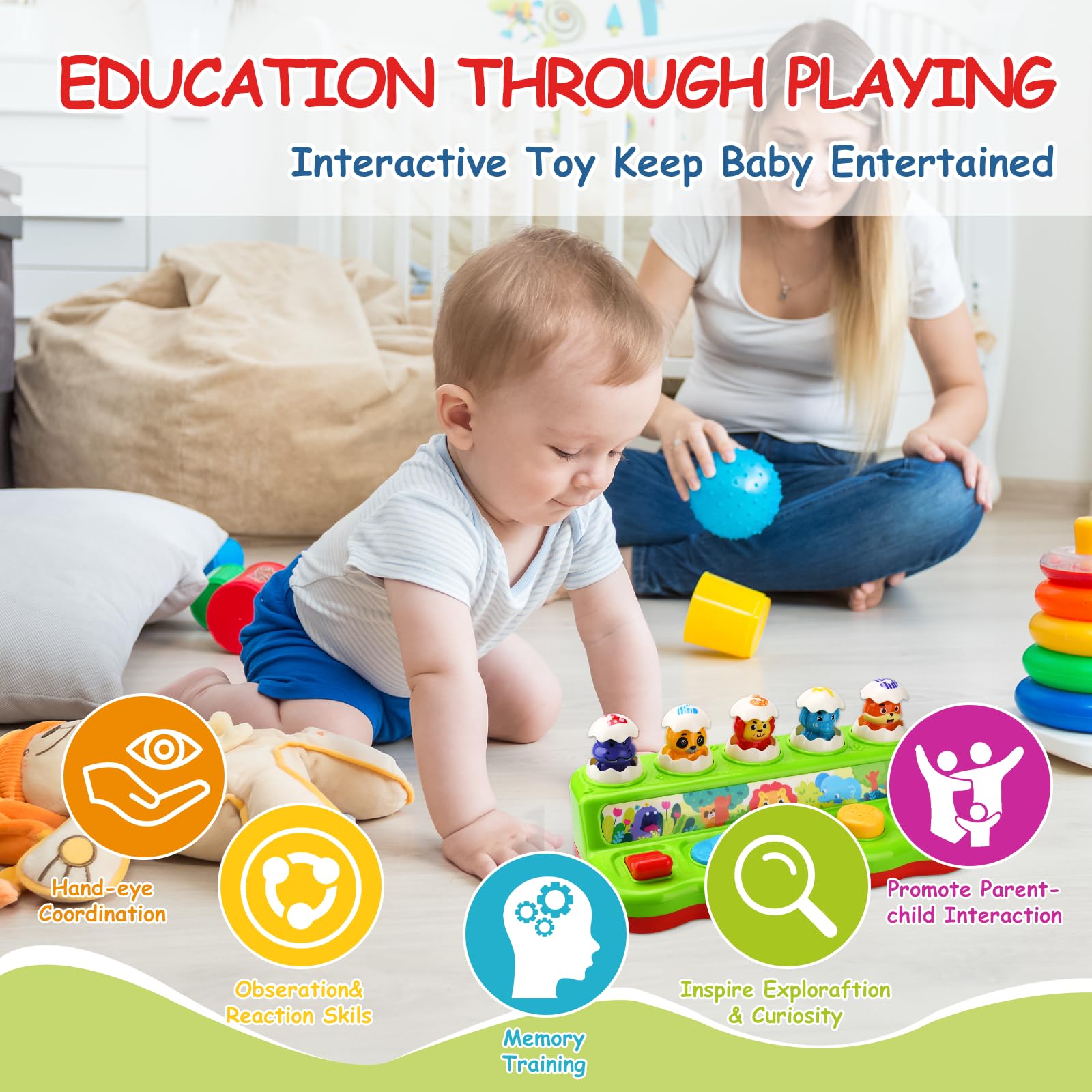 UCAMP Juguetes Niños 1 Año,Pop up Animales Juguetes Bebes,Juguetes Montessori con Música Y Sonidos,Juguete de Desarrollo con Botones Y Colores,Juguetes Pop up para Niños de 1, 2, 3 Años